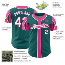 Load image into Gallery viewer, Custom Teal White-Pink 3 Colors Arm Shapes Authentic Baseball Jersey