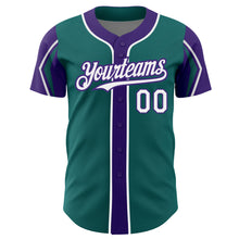 Load image into Gallery viewer, Custom Teal White-Purple 3 Colors Arm Shapes Authentic Baseball Jersey