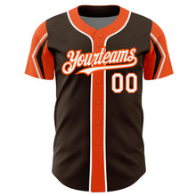 Load image into Gallery viewer, Custom Brown White-Orange 3 Colors Arm Shapes Authentic Baseball Jersey