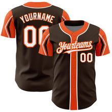 Load image into Gallery viewer, Custom Brown White-Orange 3 Colors Arm Shapes Authentic Baseball Jersey