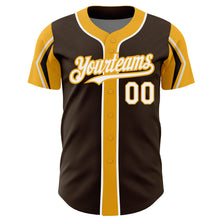 Load image into Gallery viewer, Custom Brown White-Gold 3 Colors Arm Shapes Authentic Baseball Jersey