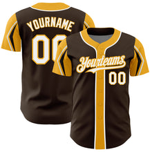 Load image into Gallery viewer, Custom Brown White-Gold 3 Colors Arm Shapes Authentic Baseball Jersey