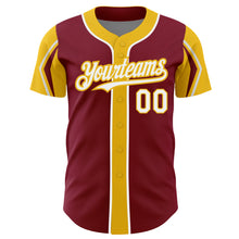 Load image into Gallery viewer, Custom Crimson White-Yellow 3 Colors Arm Shapes Authentic Baseball Jersey