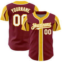 Load image into Gallery viewer, Custom Crimson White-Yellow 3 Colors Arm Shapes Authentic Baseball Jersey