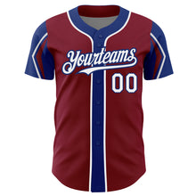 Load image into Gallery viewer, Custom Crimson White-Royal 3 Colors Arm Shapes Authentic Baseball Jersey