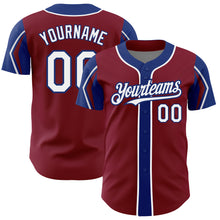 Load image into Gallery viewer, Custom Crimson White-Royal 3 Colors Arm Shapes Authentic Baseball Jersey