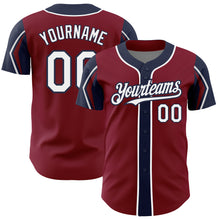 Load image into Gallery viewer, Custom Crimson White-Navy 3 Colors Arm Shapes Authentic Baseball Jersey