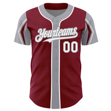 Load image into Gallery viewer, Custom Crimson White-Gray 3 Colors Arm Shapes Authentic Baseball Jersey
