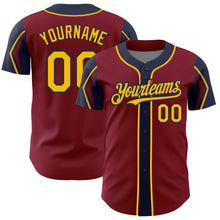 Load image into Gallery viewer, Custom Crimson Gold-Navy 3 Colors Arm Shapes Authentic Baseball Jersey
