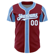 Charger l'image dans la galerie, Custom Crimson White-Light Blue 3 Colors Arm Shapes Authentic Baseball Jersey