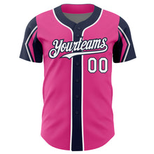 Загрузить изображение в средство просмотра галереи, Custom Pink White-Navy 3 Colors Arm Shapes Authentic Baseball Jersey