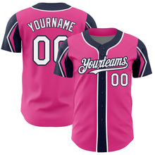 Загрузить изображение в средство просмотра галереи, Custom Pink White-Navy 3 Colors Arm Shapes Authentic Baseball Jersey