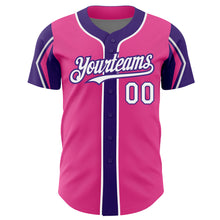 Load image into Gallery viewer, Custom Pink White-Purple 3 Colors Arm Shapes Authentic Baseball Jersey