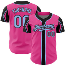 Load image into Gallery viewer, Custom Pink Light Blue-Black 3 Colors Arm Shapes Authentic Baseball Jersey