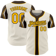 Load image into Gallery viewer, Custom Cream Gold-Brown 3 Colors Arm Shapes Authentic Baseball Jersey