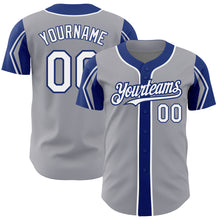 Load image into Gallery viewer, Custom Gray White-Royal 3 Colors Arm Shapes Authentic Baseball Jersey