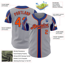 Load image into Gallery viewer, Custom Gray Orange-Royal 3 Colors Arm Shapes Authentic Baseball Jersey