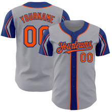 Load image into Gallery viewer, Custom Gray Orange-Royal 3 Colors Arm Shapes Authentic Baseball Jersey