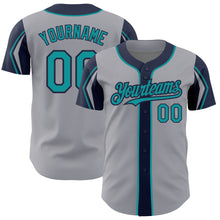 Load image into Gallery viewer, Custom Gray Teal-Navy 3 Colors Arm Shapes Authentic Baseball Jersey