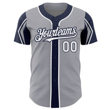 Charger l'image dans la galerie, Custom Gray White-Navy 3 Colors Arm Shapes Authentic Baseball Jersey