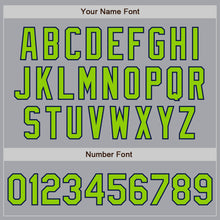 Load image into Gallery viewer, Custom Gray Neon Green-Navy 3 Colors Arm Shapes Authentic Baseball Jersey