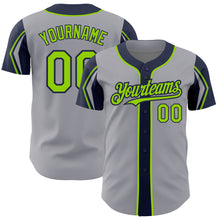 Load image into Gallery viewer, Custom Gray Neon Green-Navy 3 Colors Arm Shapes Authentic Baseball Jersey