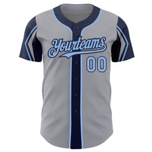 Load image into Gallery viewer, Custom Gray Light Blue-Navy 3 Colors Arm Shapes Authentic Baseball Jersey