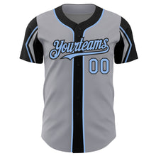 Load image into Gallery viewer, Custom Gray Light Blue-Black 3 Colors Arm Shapes Authentic Baseball Jersey