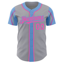 Загрузить изображение в средство просмотра галереи, Custom Gray Pink-Light Blue 3 Colors Arm Shapes Authentic Baseball Jersey