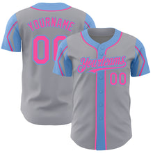 Загрузить изображение в средство просмотра галереи, Custom Gray Pink-Light Blue 3 Colors Arm Shapes Authentic Baseball Jersey