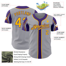 Load image into Gallery viewer, Custom Gray Gold-Purple 3 Colors Arm Shapes Authentic Baseball Jersey
