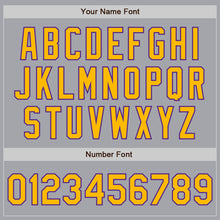 Load image into Gallery viewer, Custom Gray Gold-Purple 3 Colors Arm Shapes Authentic Baseball Jersey