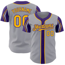 Load image into Gallery viewer, Custom Gray Gold-Purple 3 Colors Arm Shapes Authentic Baseball Jersey