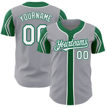 Charger l'image dans la galerie, Custom Gray White-Kelly Green 3 Colors Arm Shapes Authentic Baseball Jersey