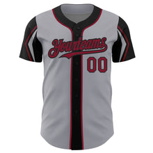 Load image into Gallery viewer, Custom Gray Crimson-Black 3 Colors Arm Shapes Authentic Baseball Jersey