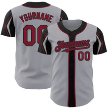 Load image into Gallery viewer, Custom Gray Crimson-Black 3 Colors Arm Shapes Authentic Baseball Jersey