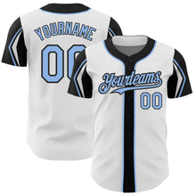 Загрузить изображение в средство просмотра галереи, Custom White Light Blue-Black 3 Colors Arm Shapes Authentic Baseball Jersey