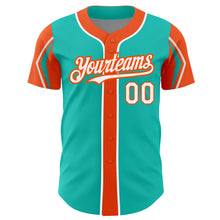 Загрузить изображение в средство просмотра галереи, Custom Aqua White-Orange 3 Colors Arm Shapes Authentic Baseball Jersey