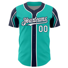 Загрузить изображение в средство просмотра галереи, Custom Aqua White-Navy 3 Colors Arm Shapes Authentic Baseball Jersey