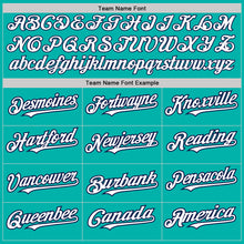 Загрузить изображение в средство просмотра галереи, Custom Aqua White-Navy 3 Colors Arm Shapes Authentic Baseball Jersey