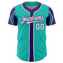 Load image into Gallery viewer, Custom Aqua White-Purple 3 Colors Arm Shapes Authentic Baseball Jersey