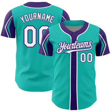 Custom Aqua White-Purple 3 Colors Arm Shapes Authentic Baseball Jersey