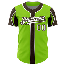 Load image into Gallery viewer, Custom Neon Green White-Brown 3 Colors Arm Shapes Authentic Baseball Jersey