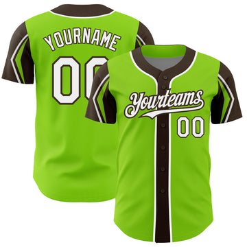 Custom Neon Green White-Brown 3 Colors Arm Shapes Authentic Baseball Jersey