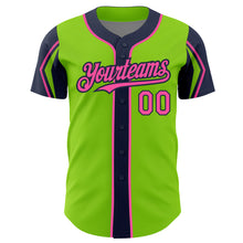 Laden Sie das Bild in den Galerie-Viewer, Custom Neon Green Pink-Navy 3 Colors Arm Shapes Authentic Baseball Jersey