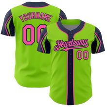 Laden Sie das Bild in den Galerie-Viewer, Custom Neon Green Pink-Navy 3 Colors Arm Shapes Authentic Baseball Jersey