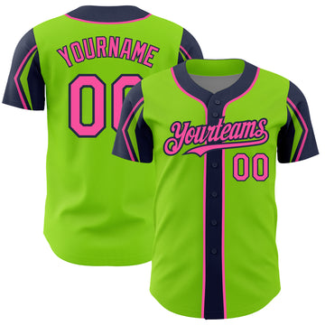 Custom Neon Green Pink-Navy 3 Colors Arm Shapes Authentic Baseball Jersey