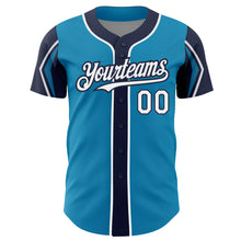 Загрузить изображение в средство просмотра галереи, Custom Panther Blue White-Navy 3 Colors Arm Shapes Authentic Baseball Jersey