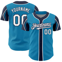 Загрузить изображение в средство просмотра галереи, Custom Panther Blue White-Navy 3 Colors Arm Shapes Authentic Baseball Jersey