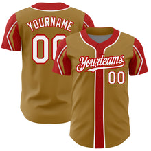 Load image into Gallery viewer, Custom Old Gold White-Red 3 Colors Arm Shapes Authentic Baseball Jersey
